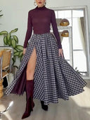 Elegant Plaid High-slit Maxi Skirt Two-piece Set
