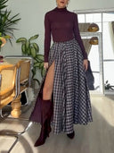 Elegant Plaid High-slit Maxi Skirt Two-piece Set