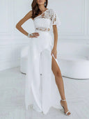 Elegant One-shoulder Lace Shawl Slit Pants Wide-leg Two-piece Set