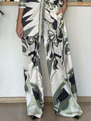 Unique Abstract Print Wide-Leg Satin Pants