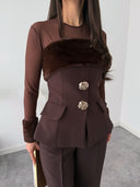 Elegant Plush Detail Button Three-piece Set