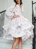 Elegant V-neck Floral Print Layered Mini Dress