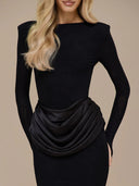 Elegant Pleated Long-sleeved Slim-fit Maxi Dress