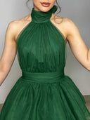 Elegant Halter Neck Mesh Layered Maxi Dress