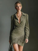 Casual Square Neck Suede Tassel Mini Dress
