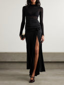 Elegant Sheer Mesh Pleated High-slit Maxi Dress