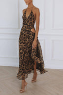 Exquisite Leopard Print Slit Backless Maxi Dress