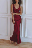 Elegant Asymmetrical Round Neck Satin Top and Fishtail Skirt Set
