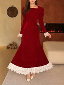 Elegant Velvet Lace Trim French Maxi Dress