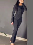 Shiny Pleated Long Sleeve Maxi Dress