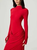 Elegant High-Neck Ruched Long-Sleeved Bodycon Maxi Dress