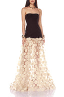 Elegant Strapless Top with Patchwork Polka Dot Mesh Maxi Dress