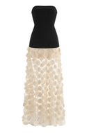 Elegant Strapless Top with Patchwork Polka Dot Mesh Maxi Dress