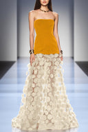 Elegant Strapless Top with Patchwork Polka Dot Mesh Maxi Dress