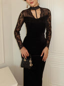 Elegant Velvet Shawl Lace Sleeve Maxi Dress