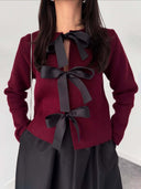 Elegant Bow-Embellished Knit Cardigan