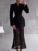 Elegant Asymmetrical Suit And Lace Skirt Two-Piece Set