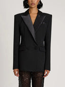 Elegant Satin Lapel Double-Breasted Blazer