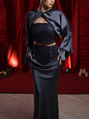 Elegant Satin Long-sleeved Crop Top And Skirt Two-piece Set