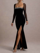 Elegant Crystal-Embellished Mesh Sleeve Maxi Dress