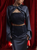 Elegant Satin Cape Long-Sleeved Crop Top