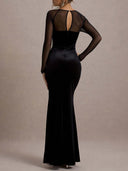 Elegant Crystal-Embellished Mesh Sleeve Maxi Dress