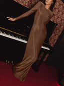 Elegant Metallic Open-Back Long-Sleeved Maxi Dress
