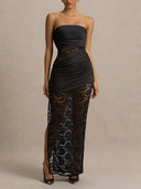 Elegant Strapless Ruffled Lace Maxi Dress