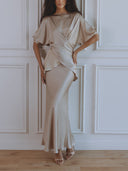 Elegant Satin Drawstring Belt Shirt Two-piece Set