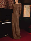 Elegant Metallic Open-Back Long-Sleeved Maxi Dress