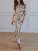 Elegant Satin Drawstring Belt Shirt Two-piece Set