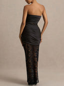 Elegant Strapless Ruffled Lace Maxi Dress