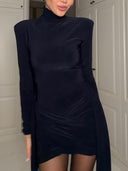 Elegant High-neck Long-sleeved Pleated Mini Dress