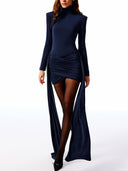 Elegant High-neck Long-sleeved Pleated Mini Dress