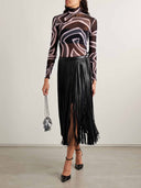 Elegant Fringed Leather Midi Skirt