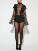 Elegant Lace Turtleneck Top And Shorts Two-piece Set