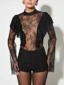 Elegant Lace Turtleneck Top And Shorts Two-piece Set
