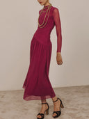Elegant Pleated Mesh Long-sleeved Maxi Dress
