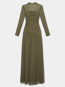 Elegant Pleated Mesh Long-sleeved Maxi Dress
