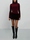 Elegant High-neck Knitted Faux Fur Mini Dress