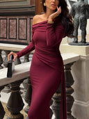 Slant Shoulder Ribbon Design Maxi Dress