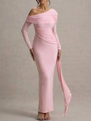 Slant Shoulder Ribbon Design Maxi Dress