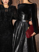 Boat-Neck Velvet Splicing High-Waist A- Line Midi Dress
