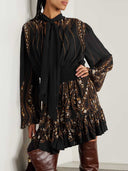 Tie-neck Printed Chiffon Flowy Mini Dress