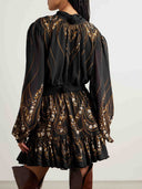 Tie-neck Printed Chiffon Flowy Mini Dress