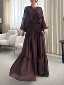 Elegant Lace-Panel Lantern Sleeve Chiffon Blouse