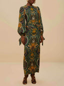 Exquisite Retro Paisley Print Belted Maxi Dress
