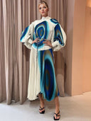 Exquisite Abstract Wave Print Pleated Maxi Dress
