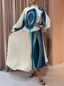 Exquisite Abstract Wave Print Pleated Maxi Dress