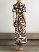 Unique Retro Moroccan Print Belted Linen Midi Dress